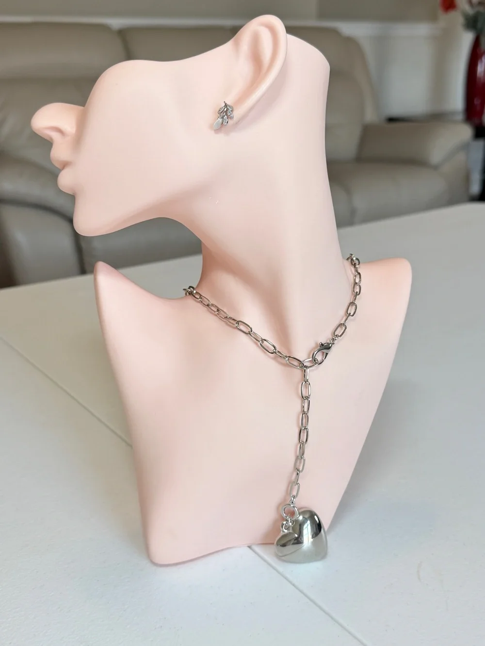 Silver Heart Pendant Long Chain Necklace